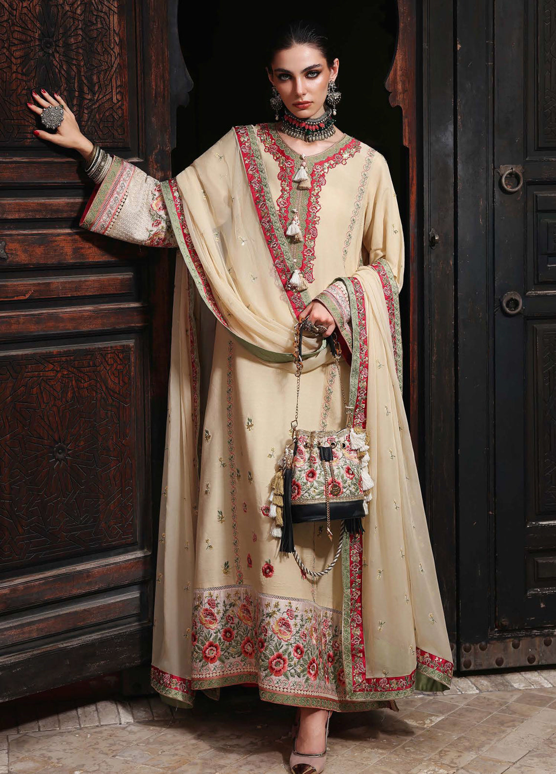 Hemline Nuvera By Mushq Embroidered Raw Silk 3 Piece Unstitched Suit MQ26HN D-205 CARDINAL GEM