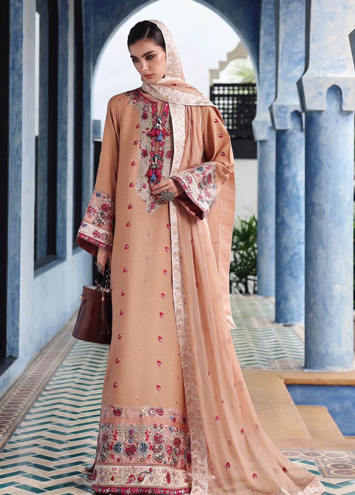 Hemline Nuvera By Mushq Embroidered Raw Silk 3 Piece Unstitched Suit MQ26HN D-209 BELLADONA ROYALE