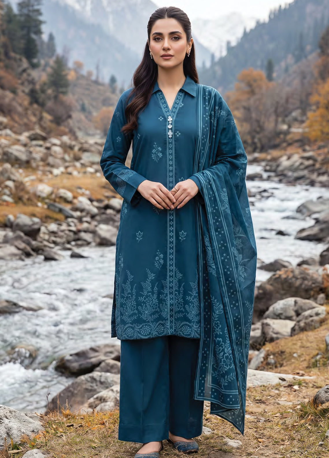 LSM Lakhany Printed Pashmina 3 Piece Unstitched Suit LSM26PPV1 D-LG-RL-0518-A