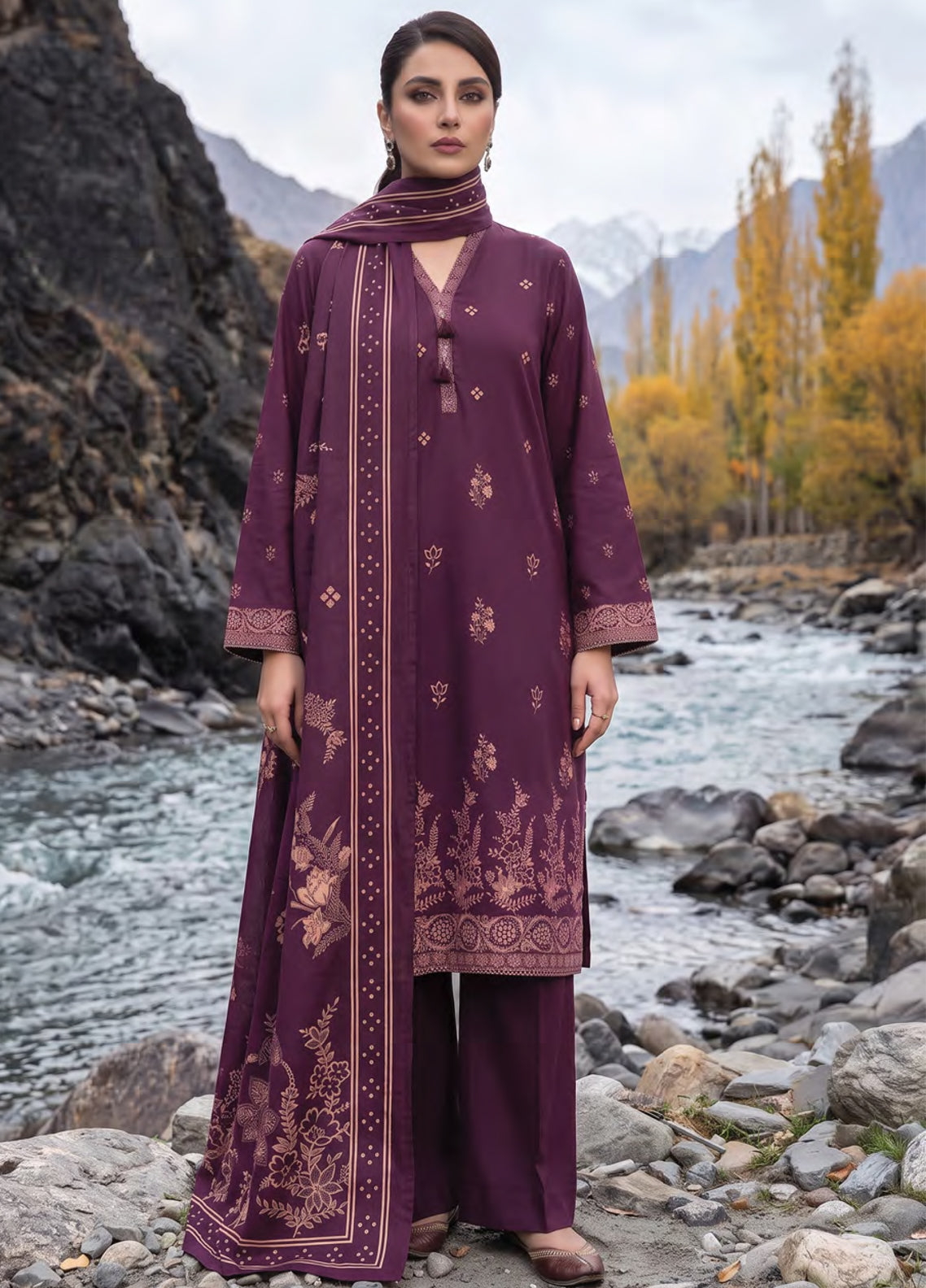 LSM Lakhany Printed Pashmina 3 Piece Unstitched Suit LSM26PPV1 D-LG-RL-0518-B