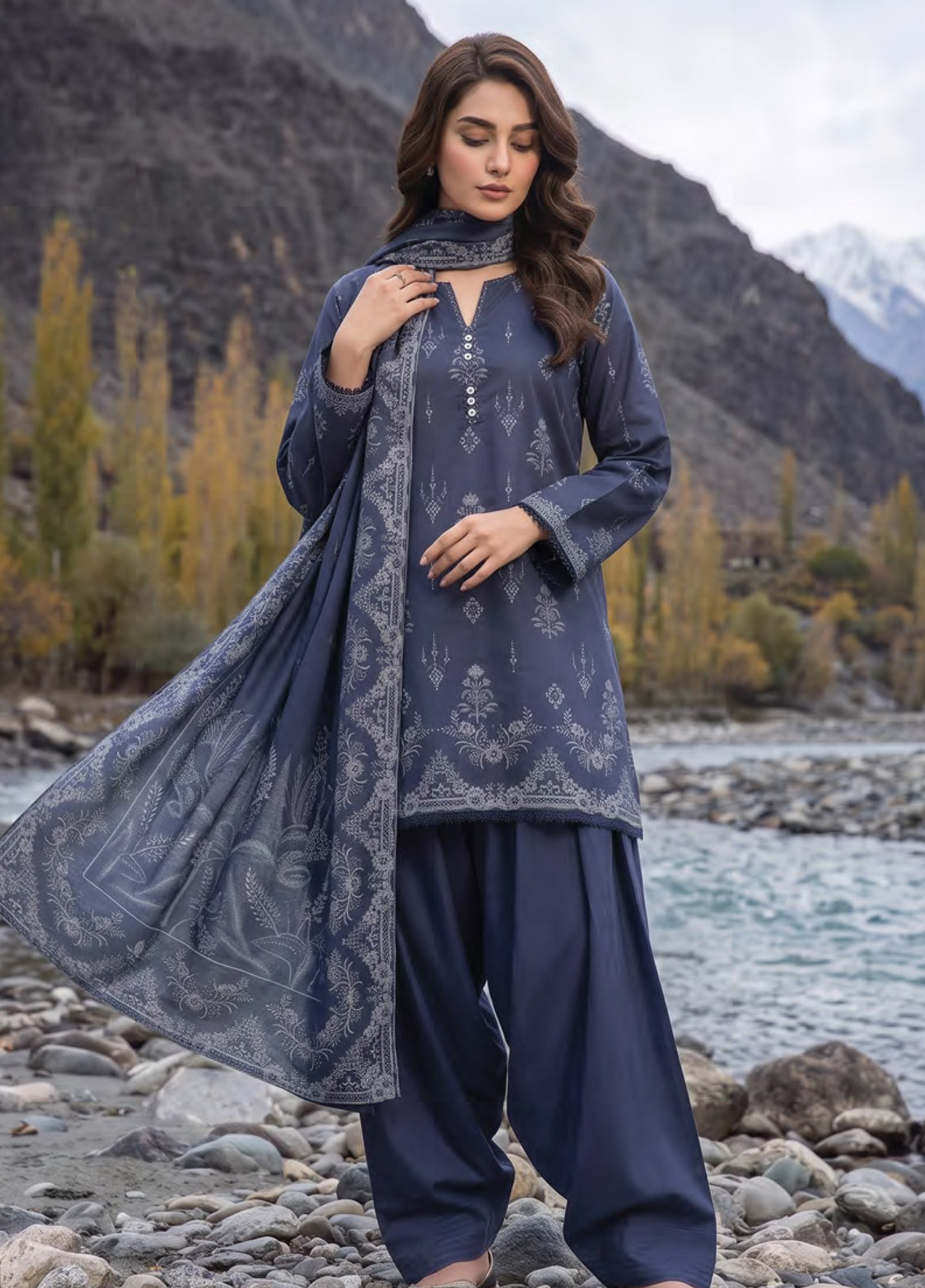 LSM Lakhany Printed Pashmina 3 Piece Unstitched Suit LSM26PPV1 D-LG-SG-0160-A