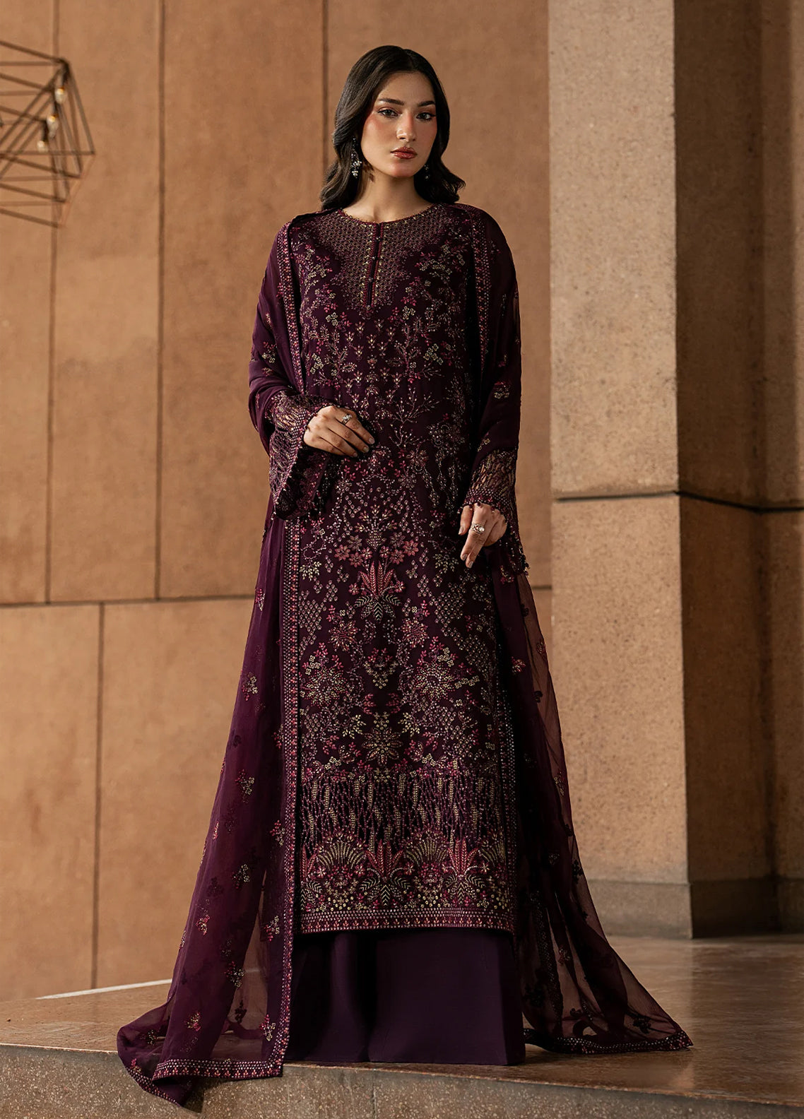 Lamisah By Lavish Premium Lazawal Embroidered Chiffon 3 Piece Unstitched Suit LP25LLC D-09 MAROON MAJESTY