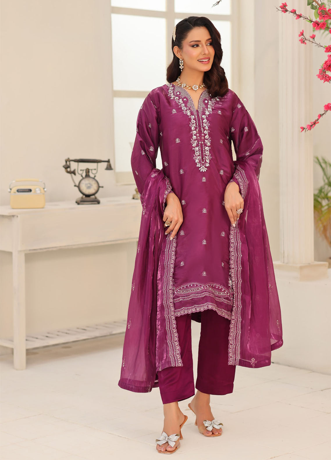 Luxe By Schick Embroidered Sheesha Silk 3 Piece Unstitched Suit SDH26LESSV6 D-03
