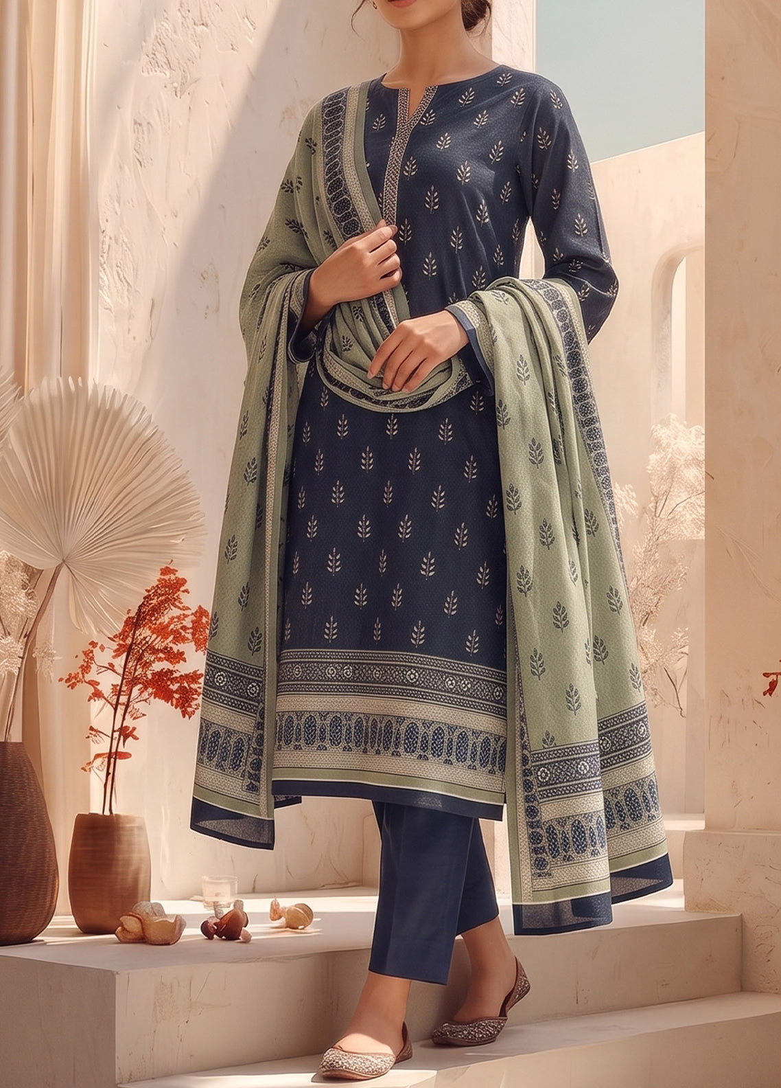 Malhar By VS Textile Printed Karandi 3 Piece Unstitched Suit VS26MV2 D-KW-141 Green Blue - Front View