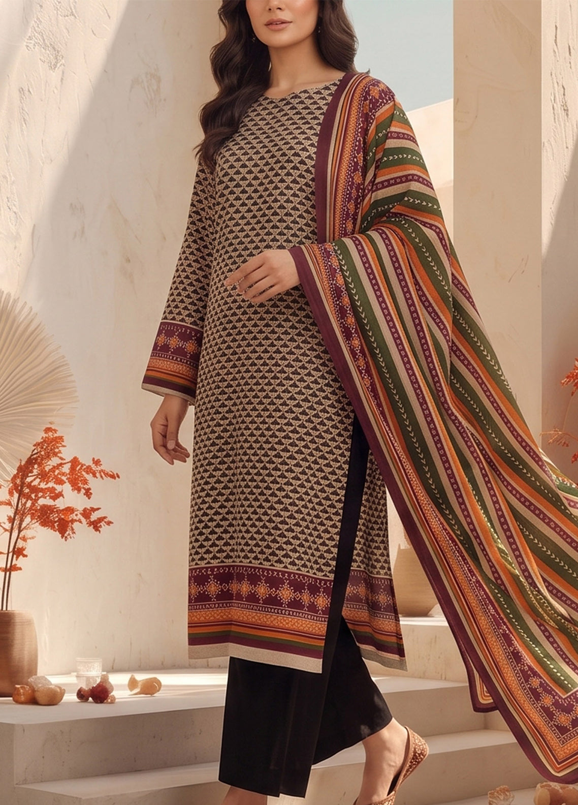Malhar By VS Textile Printed Karandi 3 Piece Unstitched Suit VS26MV2 D-KW-142 Black Multi - Front View