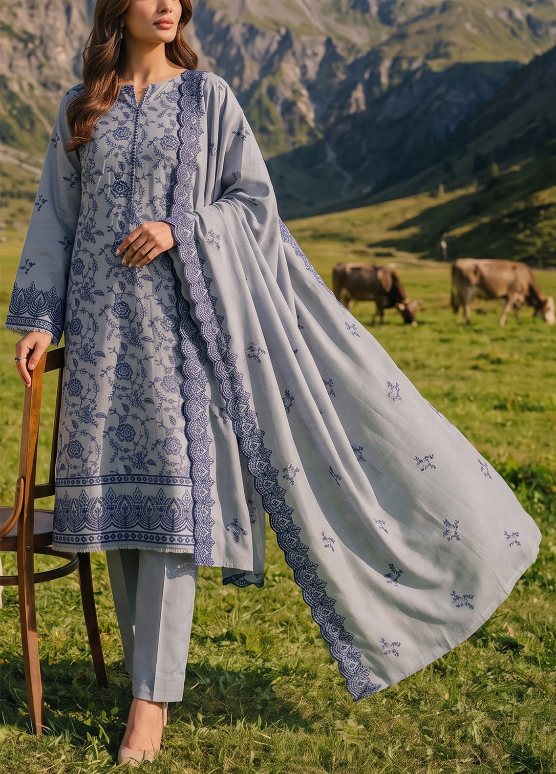 Miraas By VS Textile Embroidered Khaddar 3 Piece Unstitched Suit VS26MV1 D-EK-688 Grey - Front View