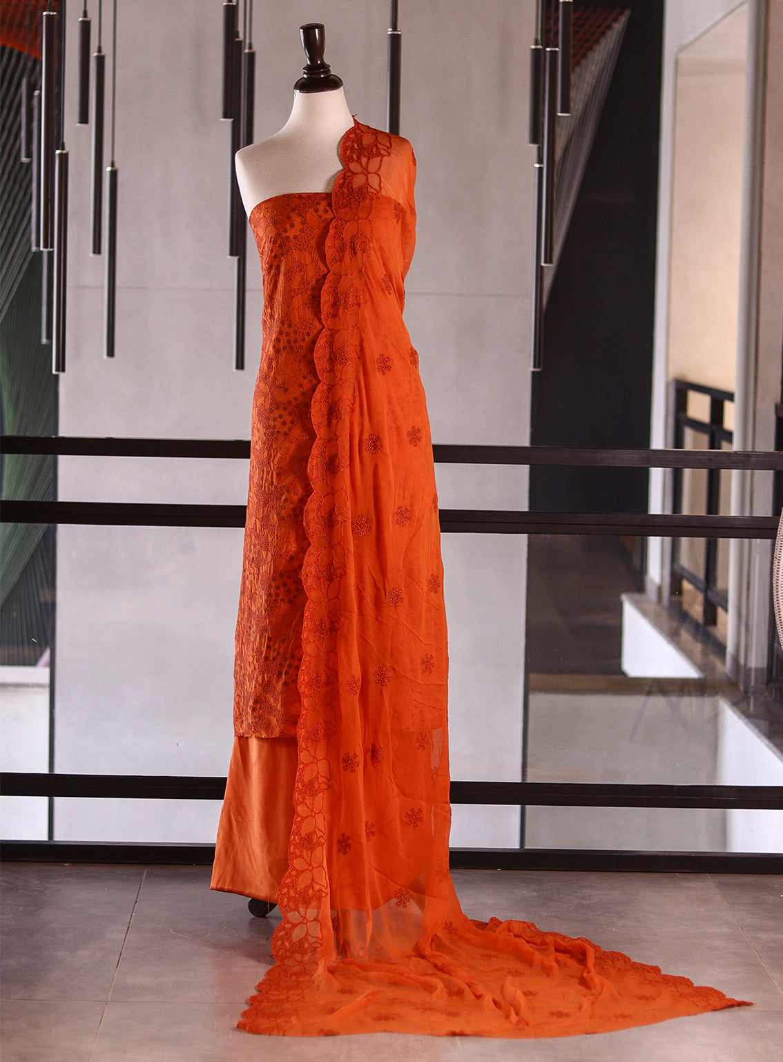 Moin Block Embroidered Raw Silk Suits Unstitched 3 Piece - MBLK25ERS 3374 ORANGE