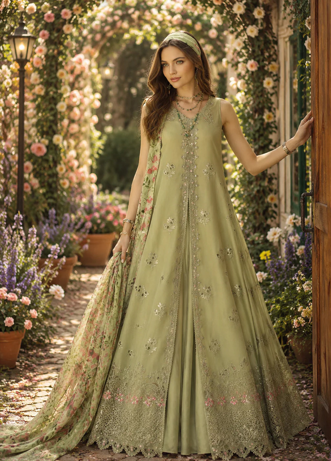 Noor By Saadia Asad Eid Luxury Printskhaas Embroidered Lawn 3 Piece Unstitched Suit NSA26ELPK D-12 MINT REVERIE