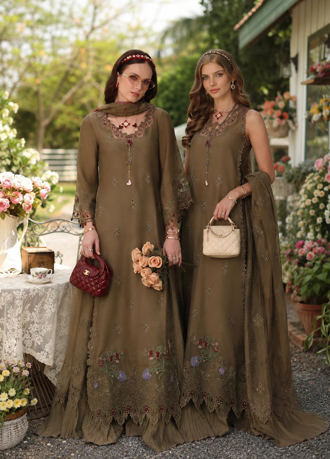 Noor By Saadia Asad Eid Luxury Printskhaas Embroidered Lawn 3 Piece Unstitched Suit NSA26ELPK D-8 MOCHA SIENNA