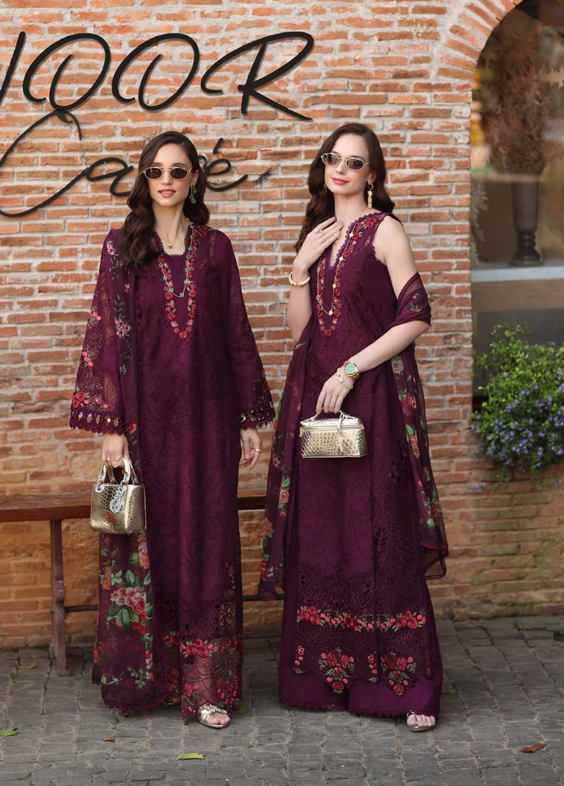 Noor By Saadia Asad Luxury Embroidered Schiffli Laserkari Lawn 3 Piece Unstitched Suit NSA26ELSL D-10 Plum Royal