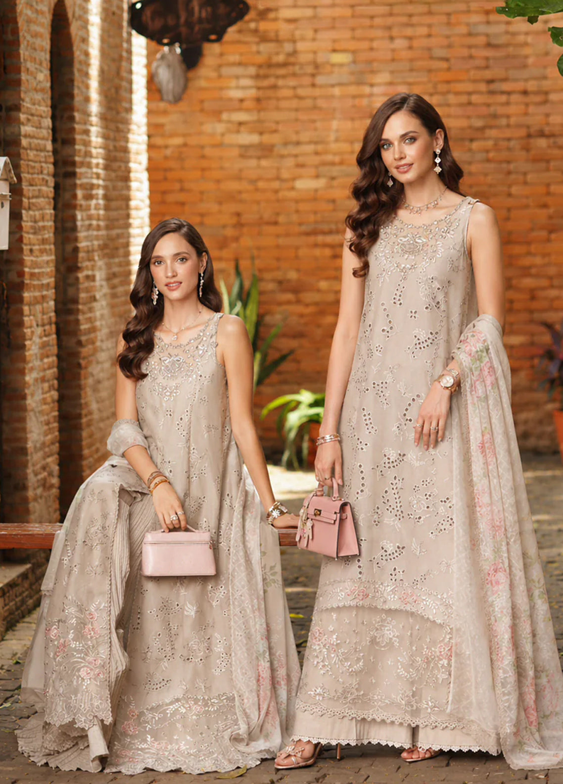 Noor By Saadia Asad Luxury Embroidered Schiffli Laserkari Lawn 3 Piece Unstitched Suit NSA26ELSL D-7 Gris Tourtelle