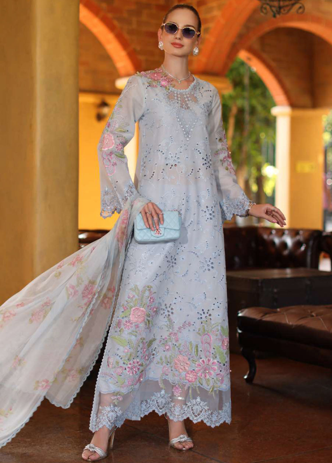 Noor By Saadia Asad Luxury Handwork Schiffli Lawn 3 Piece Unstitched Suit NSA26LEHSL D-10B ROSELLE