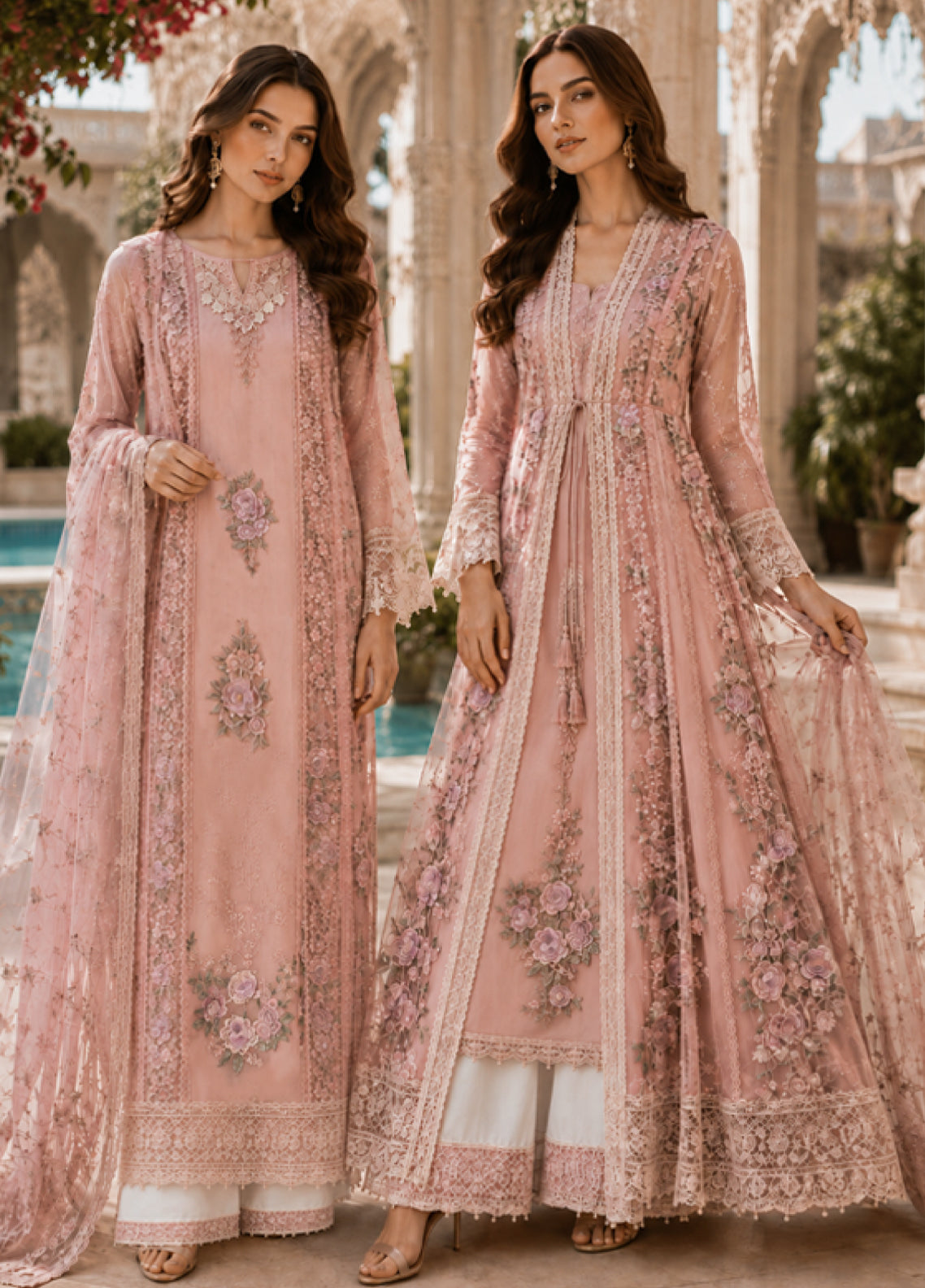 Noor By Saadia Asad Nooriyah Luxury Embroidered Chiffon 3 Piece Unstitched Suit NSA26NLEC D-02 STAIN ROSE