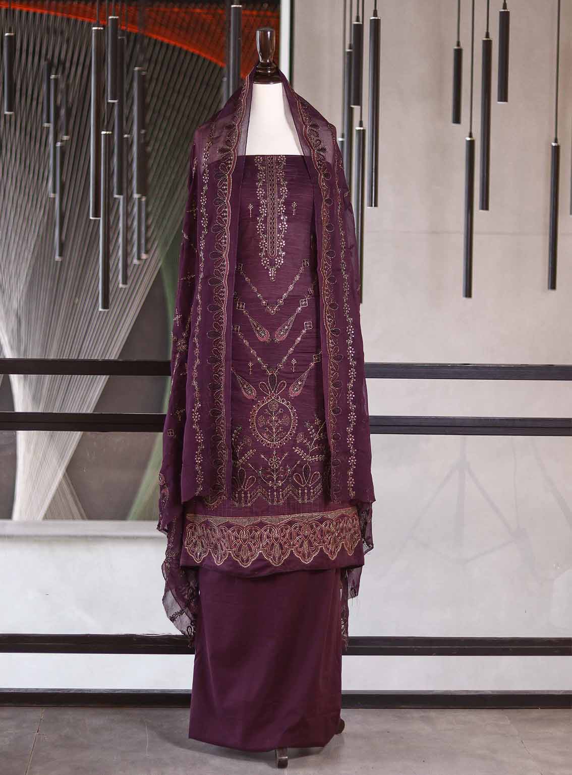 Oud By Royal Fashion Premium Embroidered Lawn Banarsi 3 Piece Unstitched Suit - RF25ZZOV51 OUD52 DARK PURPLE