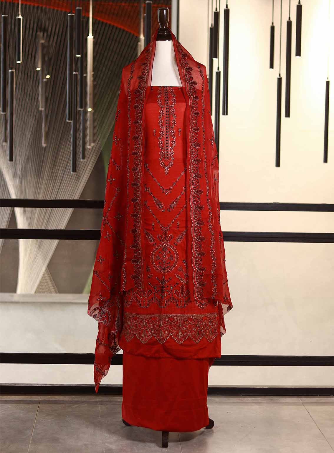 Oud By Royal Fashion Premium Embroidered Lawn Banarsi 3 Piece Unstitched Suit - RF25ZZOV51 OUD52 RED