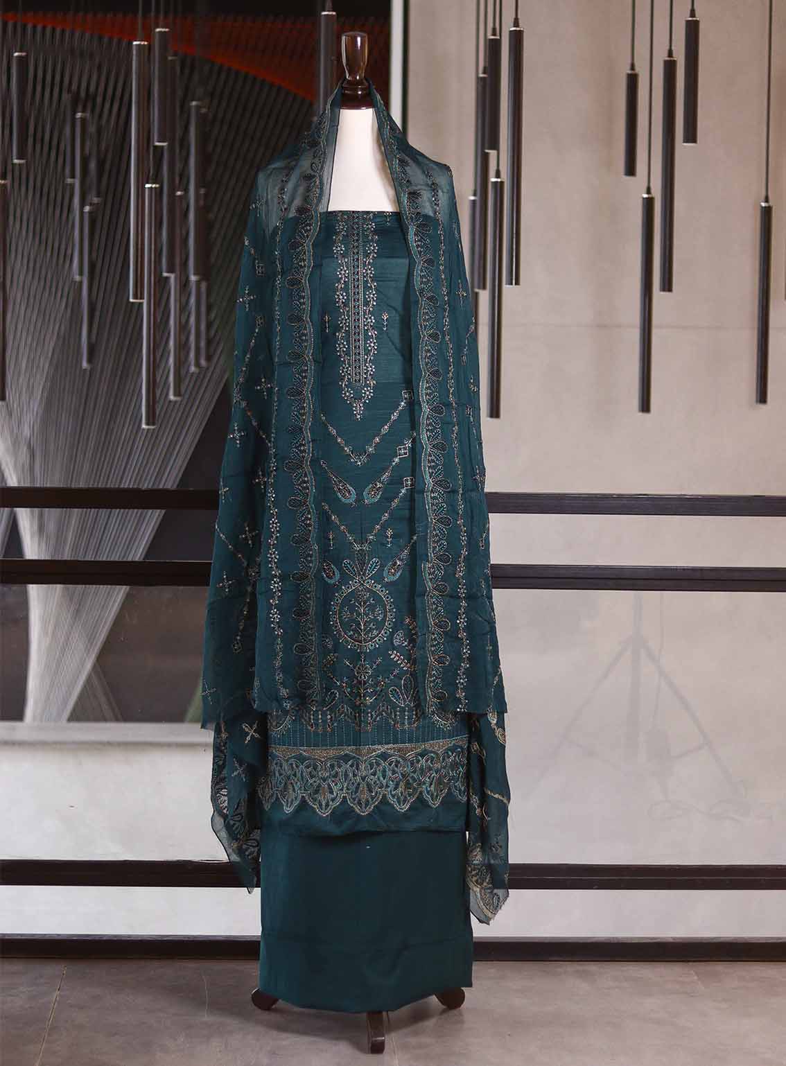 Oud By Royal Fashion Premium Embroidered Lawn Banarsi 3 Piece Unstitched Suit - RF25ZZOV51 OUD52 TEAL