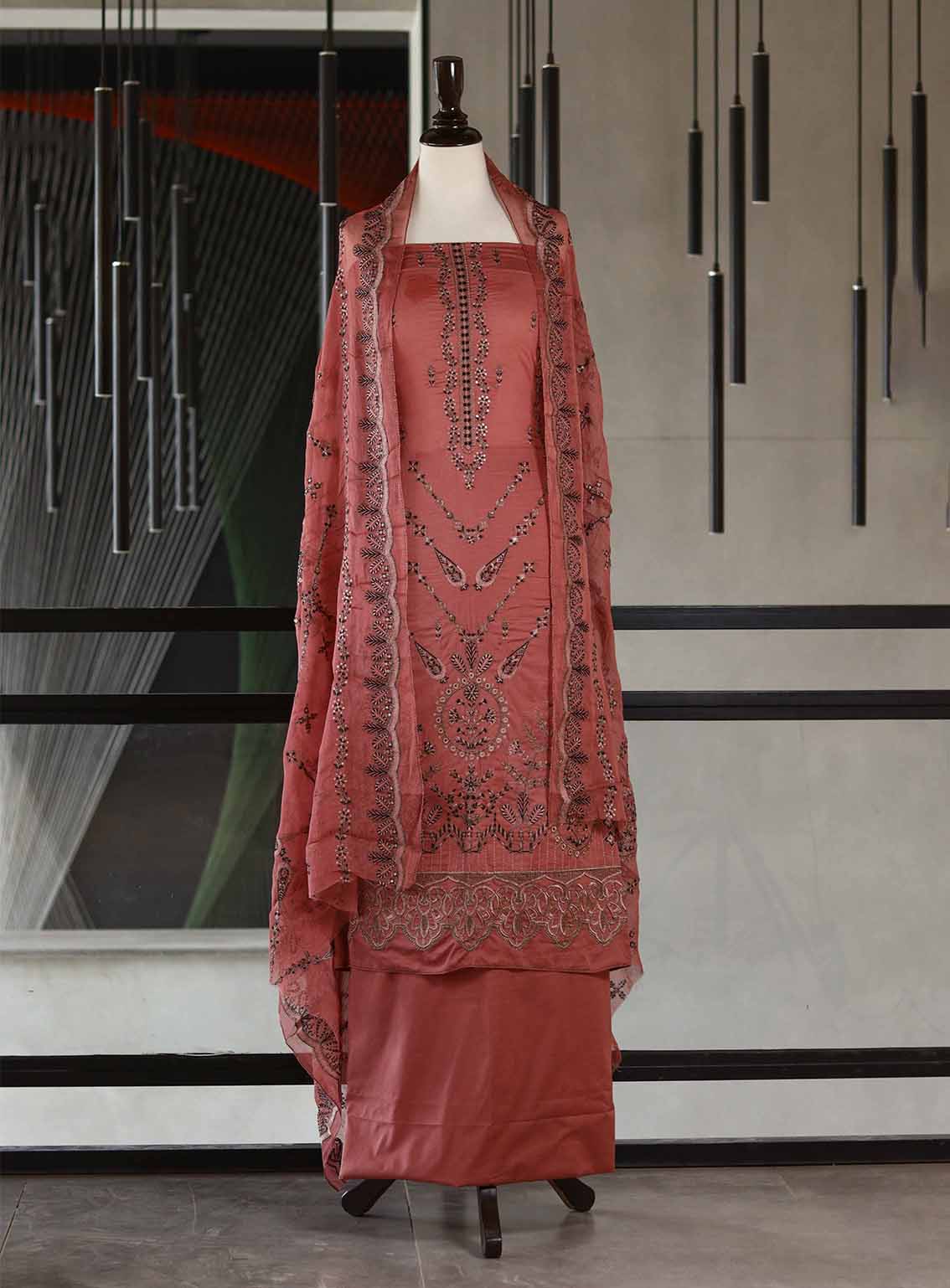 Oud By Royal Fashion Premium Embroidered Lawn Banarsi 3 Piece Unstitched Suit - RF25ZZOV51 OUD52 TEA PINK
