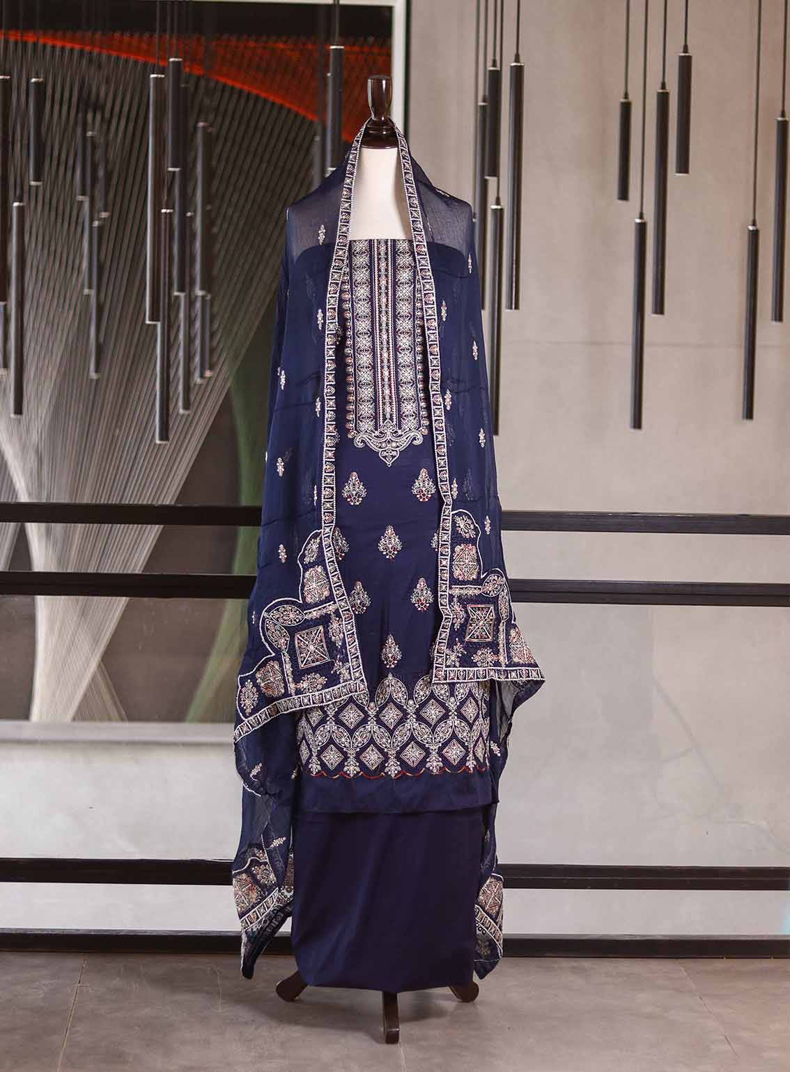 Oud By Royal Fashion Premium Embroidered Lawn Banarsi 3 Piece Unstitched Suit - RF25ZZOV51 OUD54 NAVY BLUE