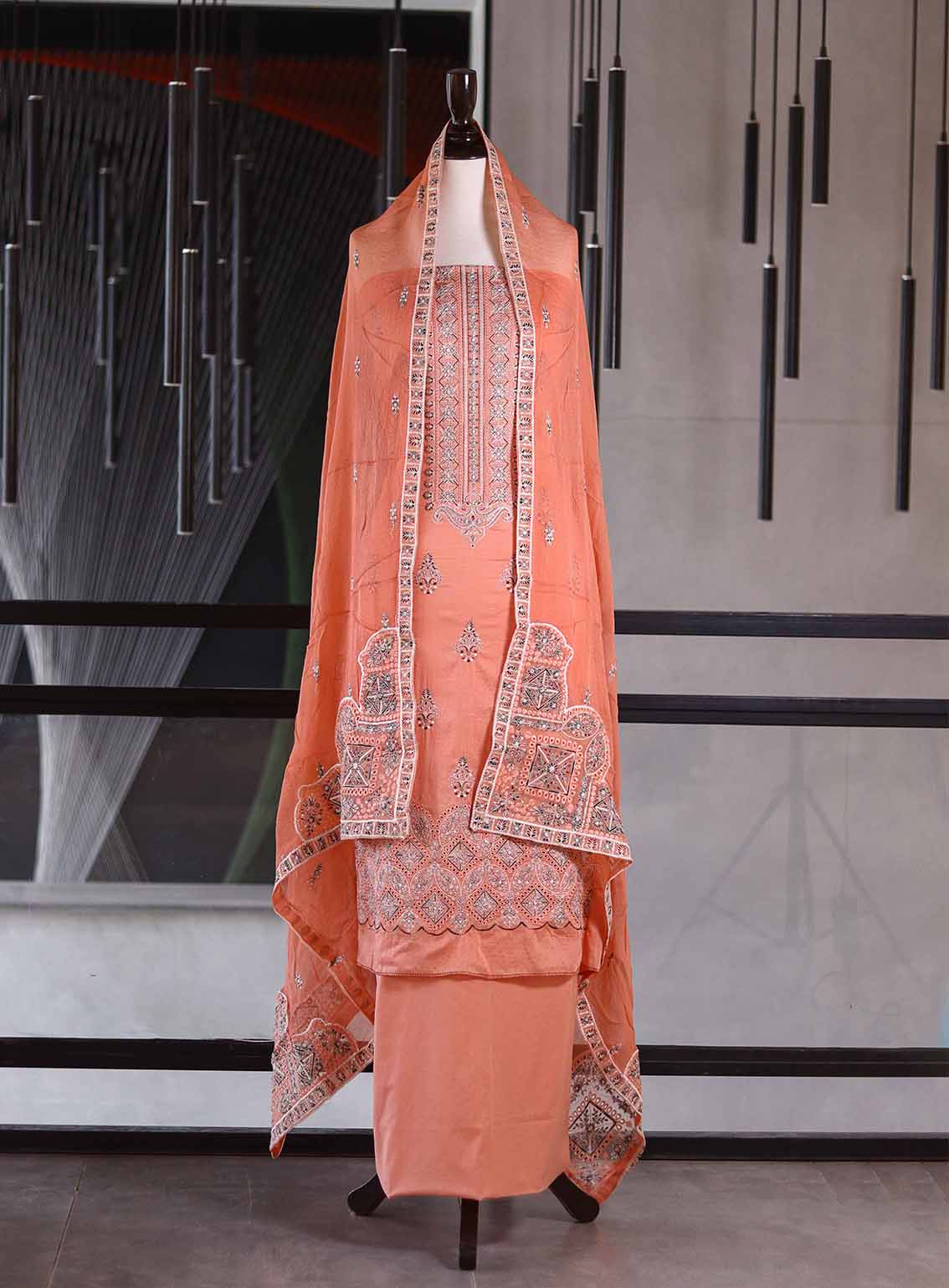 Oud By Royal Fashion Premium Embroidered Lawn Banarsi 3 Piece Unstitched Suit - RF25ZZOV51 OUD54 PEACH