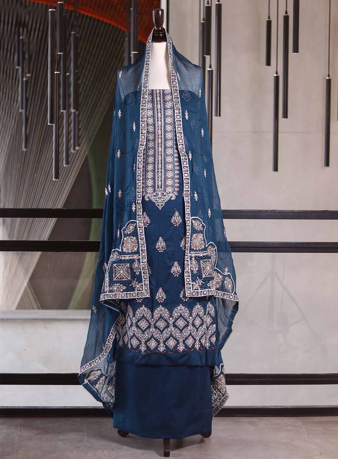 Oud By Royal Fashion Premium Embroidered Lawn Banarsi 3 Piece Unstitched Suit - RF25ZZOV51 OUD54 TEAL BLUE