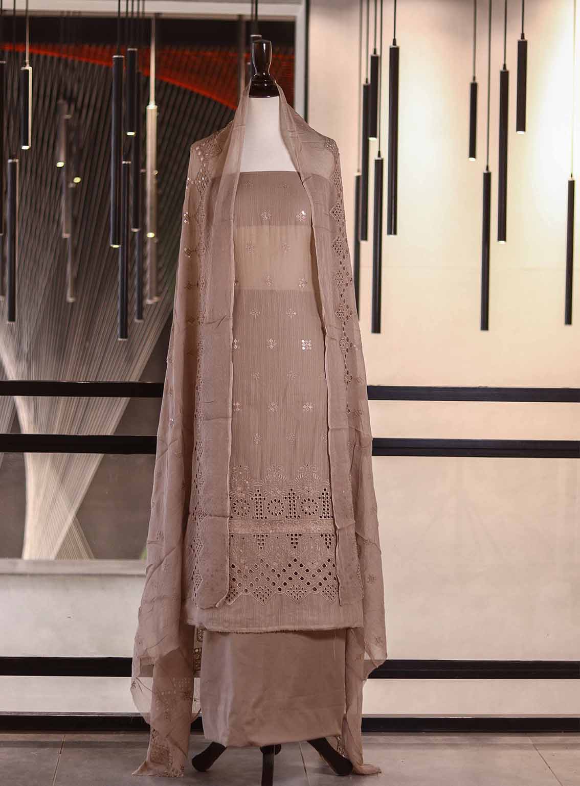 Oud By Royal Fashion Premium Embroidered Lawn Banarsi 3 Piece Unstitched Suit - RF25ZZOV51 OUD57 BEIGE