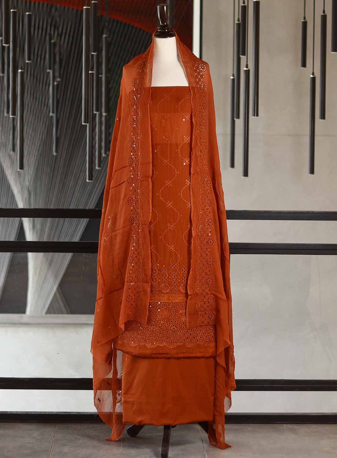 Oud By Royal Fashion Premium Embroidered Lawn Banarsi 3 Piece Unstitched Suit - RF25ZZOV51 OUD57 RUST