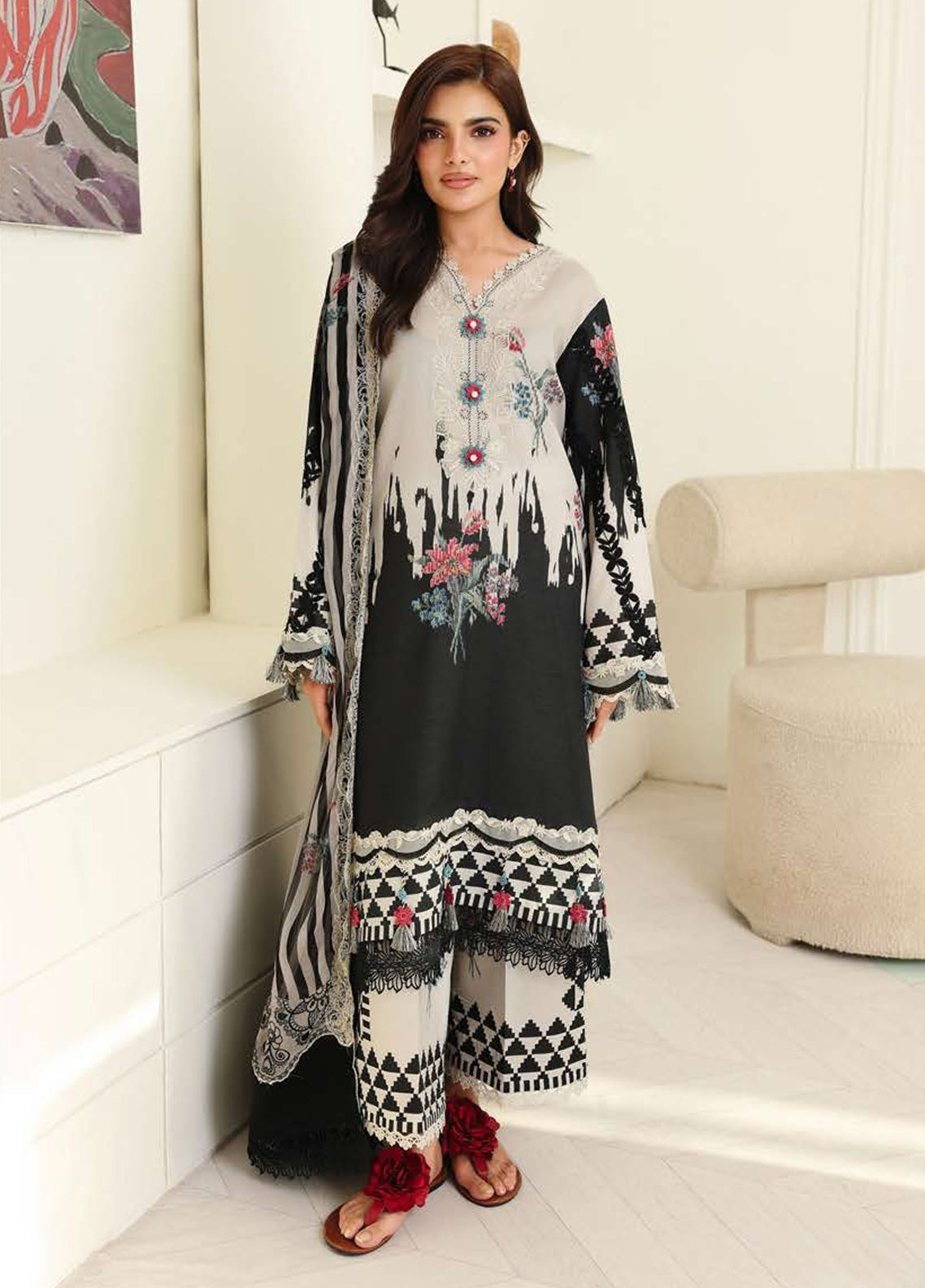 Petals In Print By Roheenaz Embroidered Lawn 3 Piece Unstitched Suit RNZ26PP D-04 BLACK PETALS