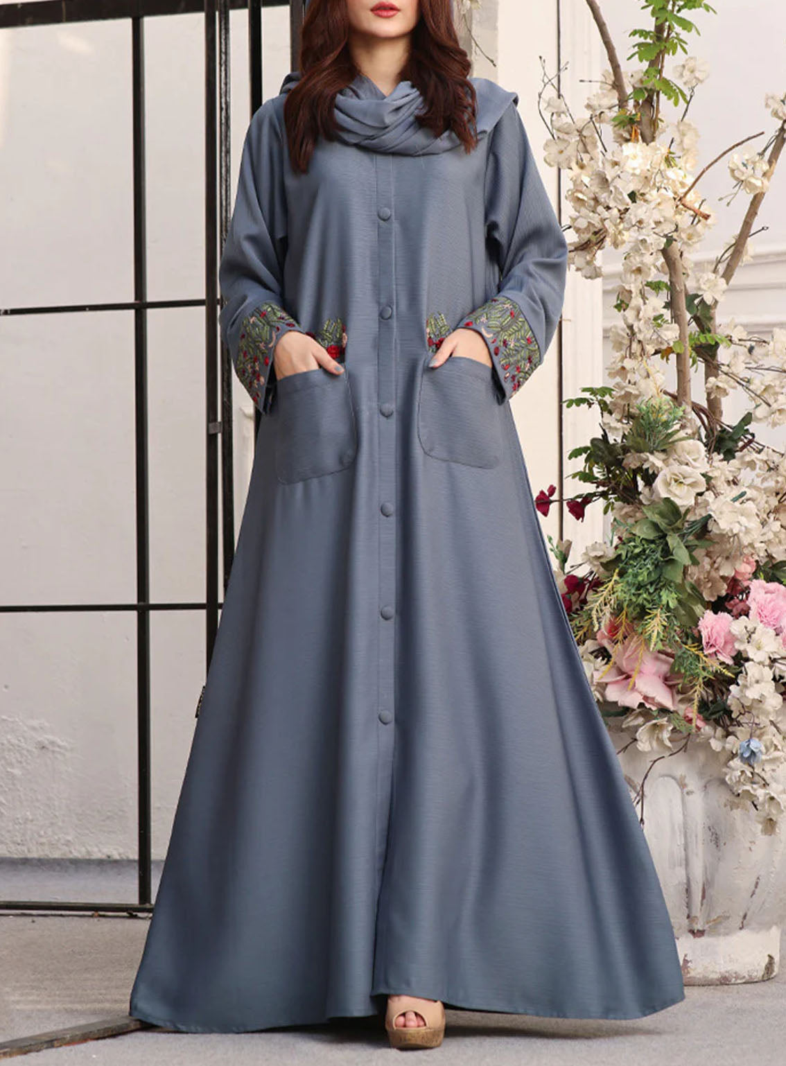 Rania By Hijab Ul Hareem Front Open Style Embroidered Abaya Misty - HH24R 0118-K-752