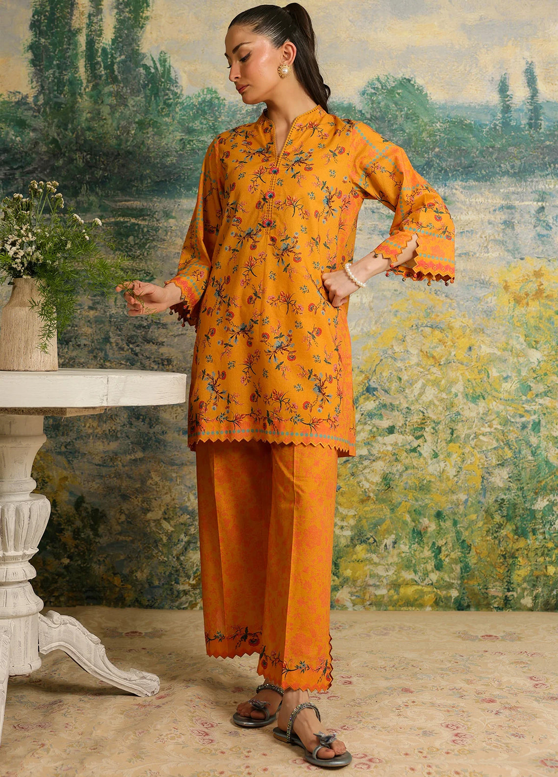 Rhea By Sahar Digital Printed Lawn 2 Piece Unstitched Shirt & Trouser S26RDPL D-26 SAFFRON BLOOM