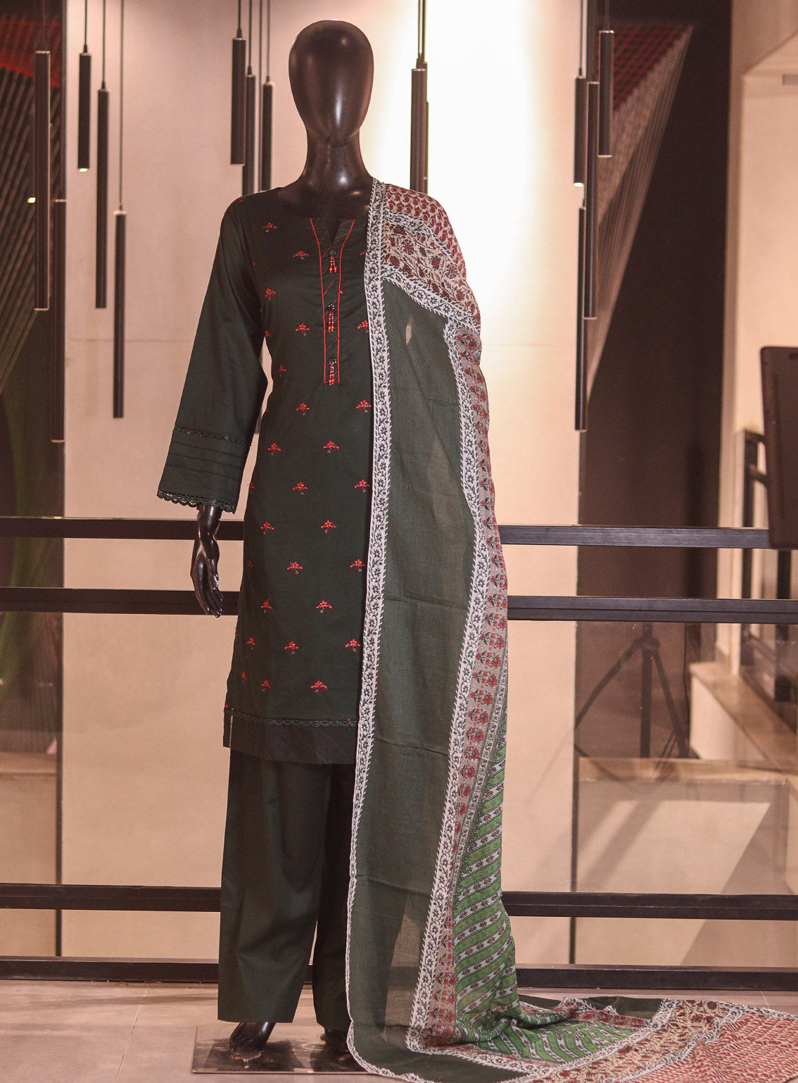 Rivaaj Embroidered Cotton 3 Piece Stitched Suit RJ26EC D-01 REGULAR Bottle Green