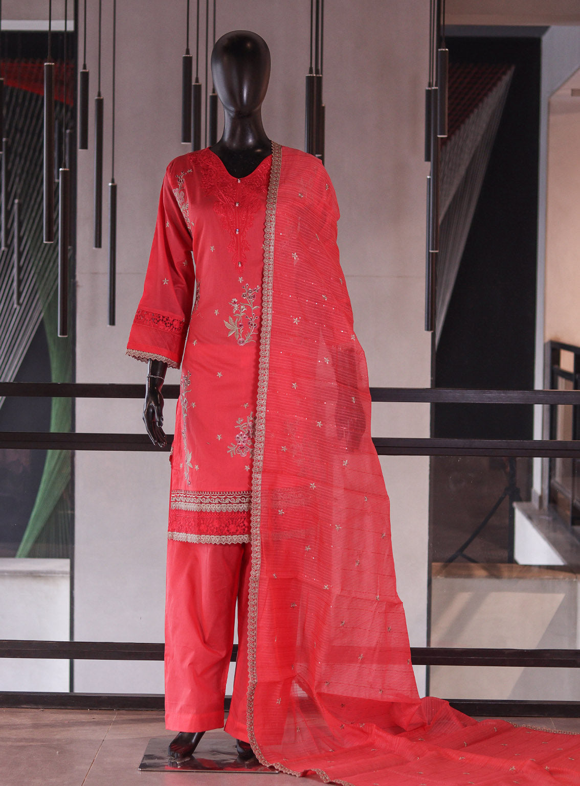 Rivaaj Embroidered Cotton 3 Piece Stitched Suit RJ26EC D-485 STAR BELLS Pink