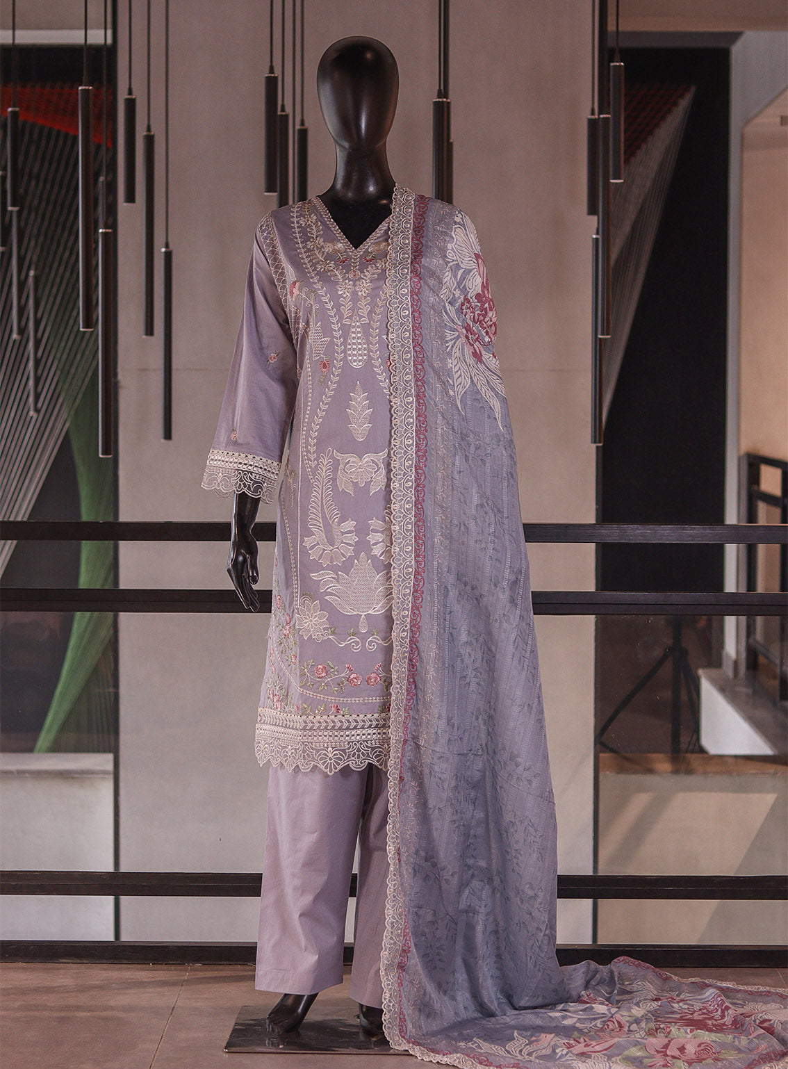 Rivaaj Embroidered Cotton 3 Piece Stitched Suit RJ26EC D-486 PHOOL PANKH Light Grey