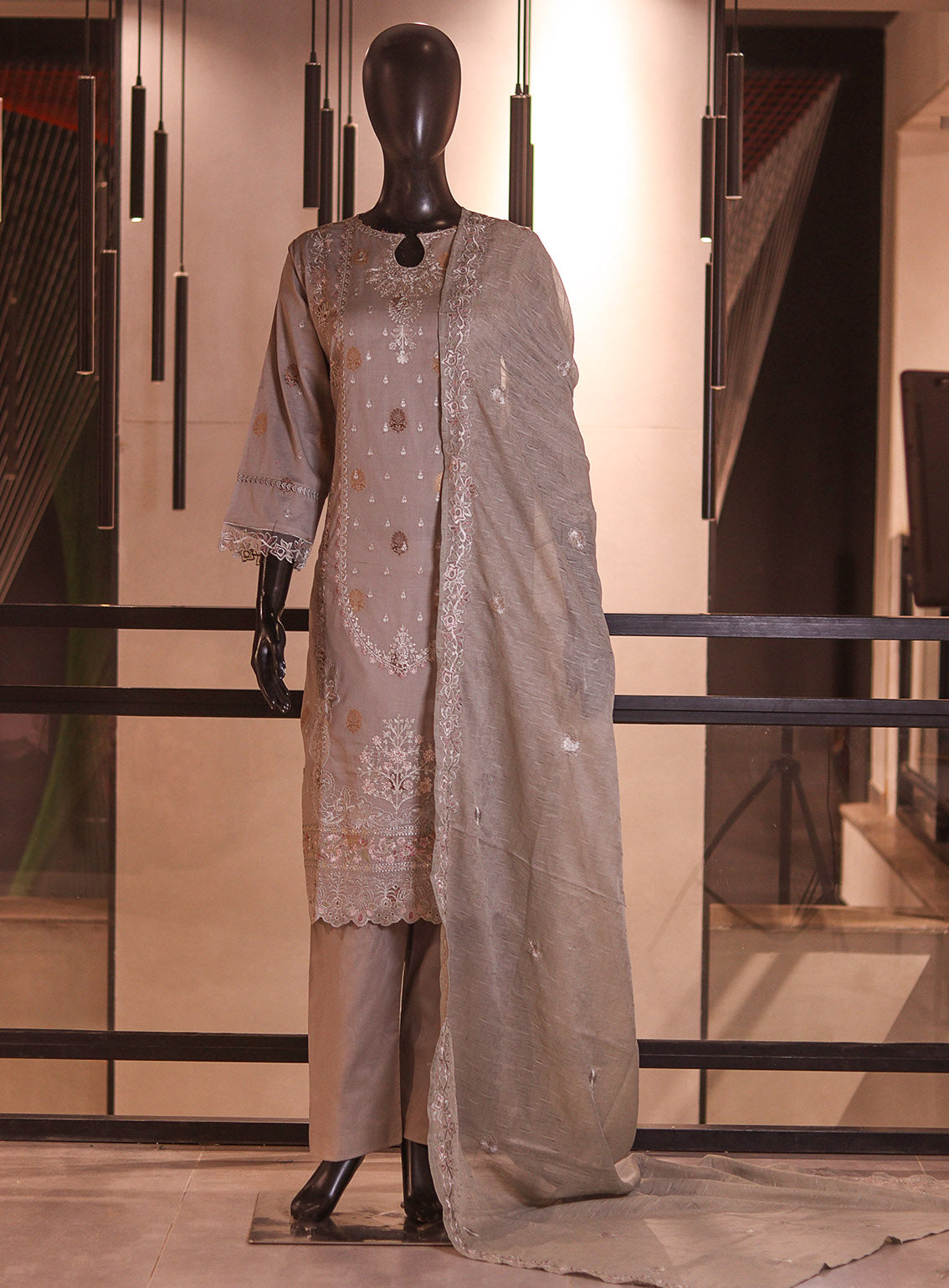 Rivaaj Embroidered Cotton 3 Piece Stitched Suit RJ26EC D-491 PEANUT SLUB Grey