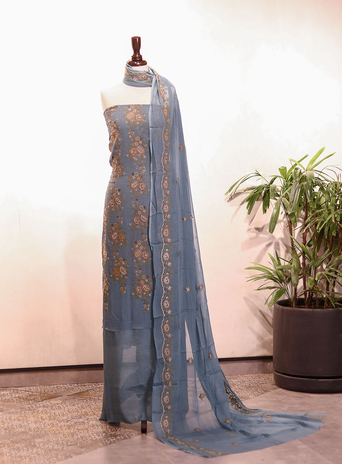 Royal Fashion Embroidered Chiffon Suits Unstitched 2 Piece - RF25EE 74 BLUISH GREEN