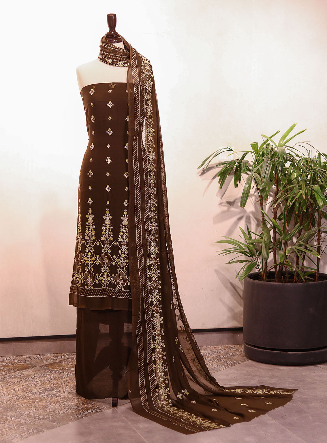 Royal Fashion Embroidered Chiffon Suits Unstitched 2 Piece - RF25EE 78 MEHINDI