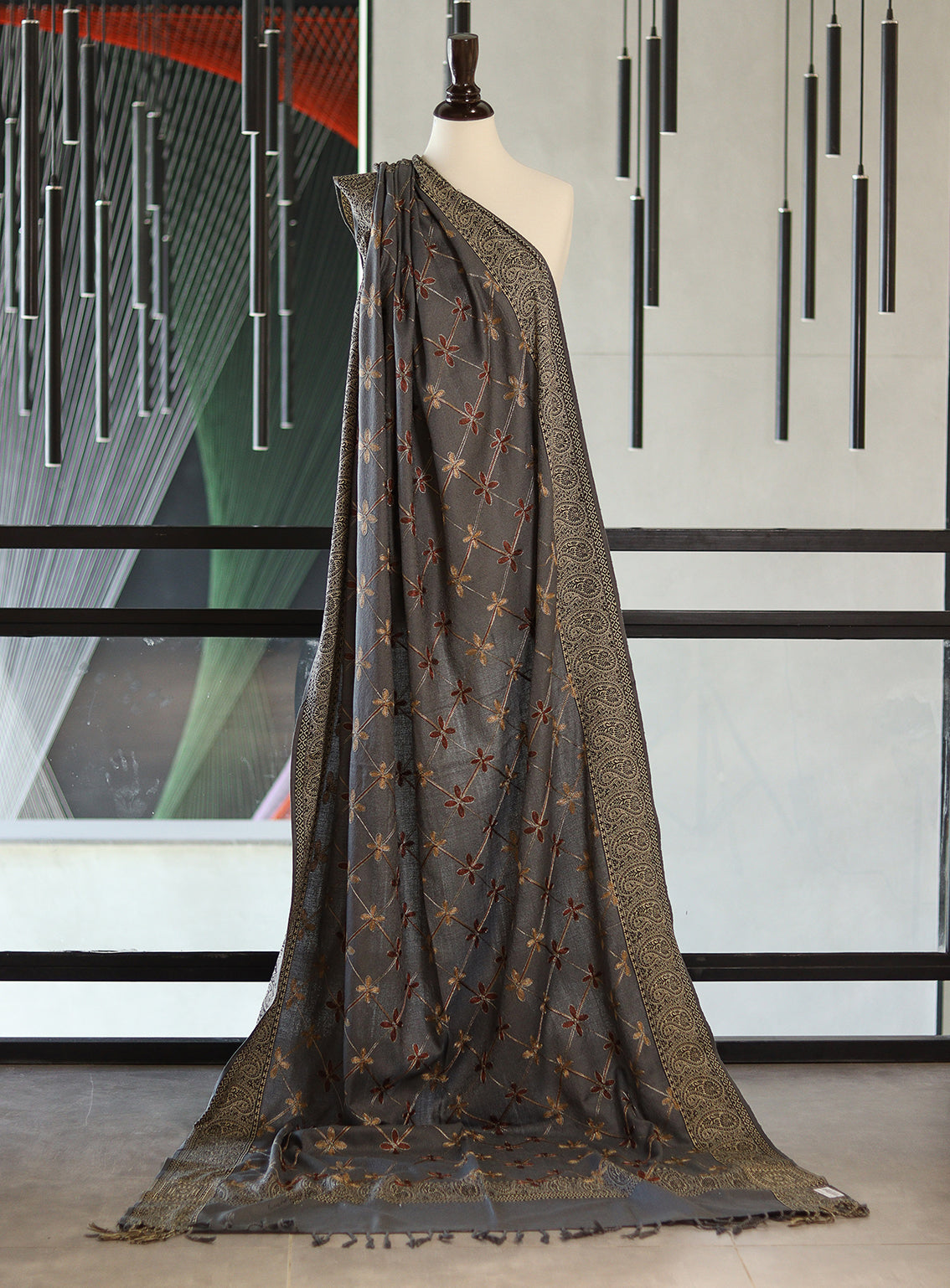 Royal Fashion Embroidered Woolen Shawls - RF24SH A6JA026 Dark Grey
