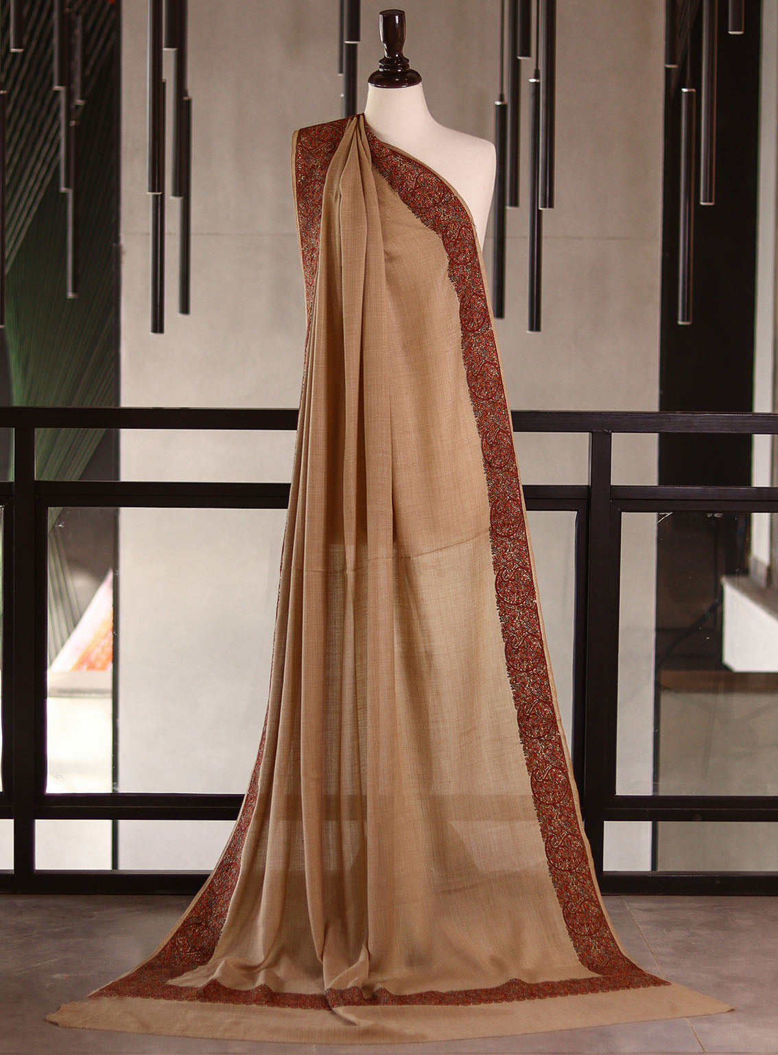 Royal Fashion Embroidered Woolen Shawls - RF25SH 0176C004 Fawn