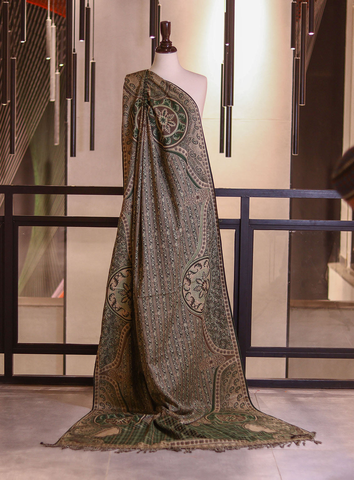 Royal Fashion Embroidered Woolen Shawls - RF25SH A6J063 Dark Green & Beige