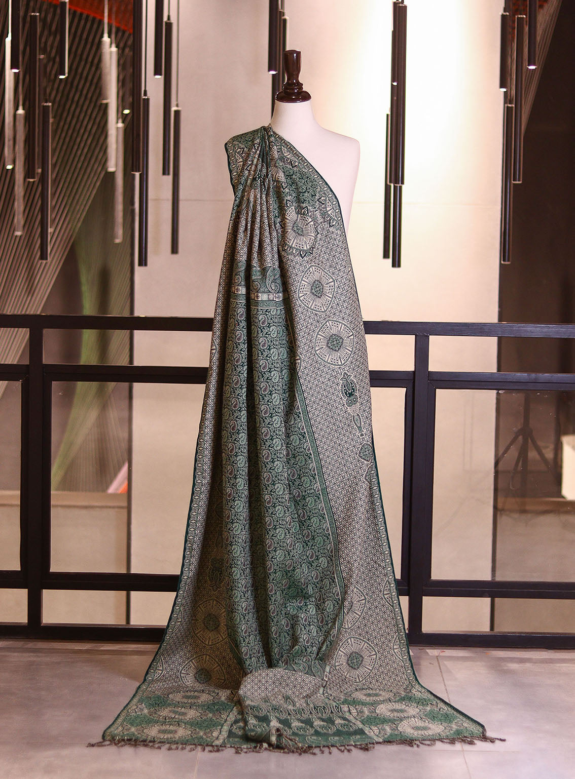 Royal Fashion Embroidered Woolen Shawls - RF25SH A6J063 Green & Cream