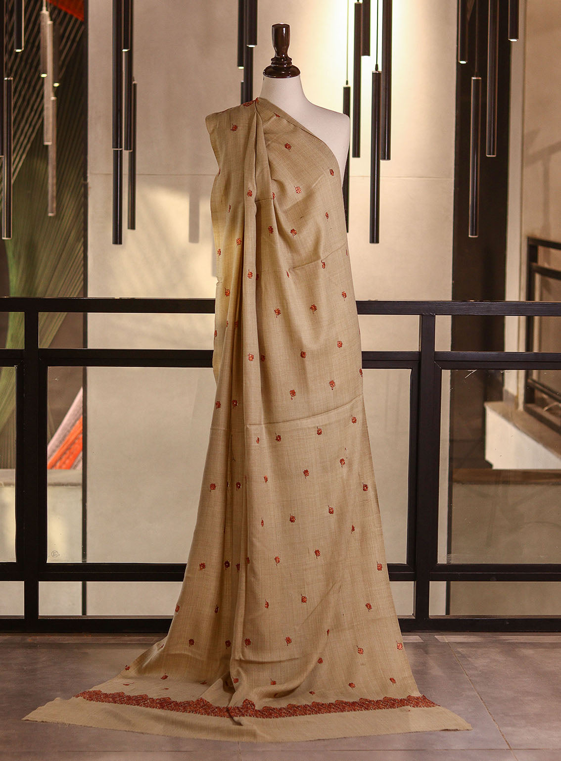 Royal Fashion Embroidered Woolen Shawls - RF25SH I624-XP07 Light Fawn