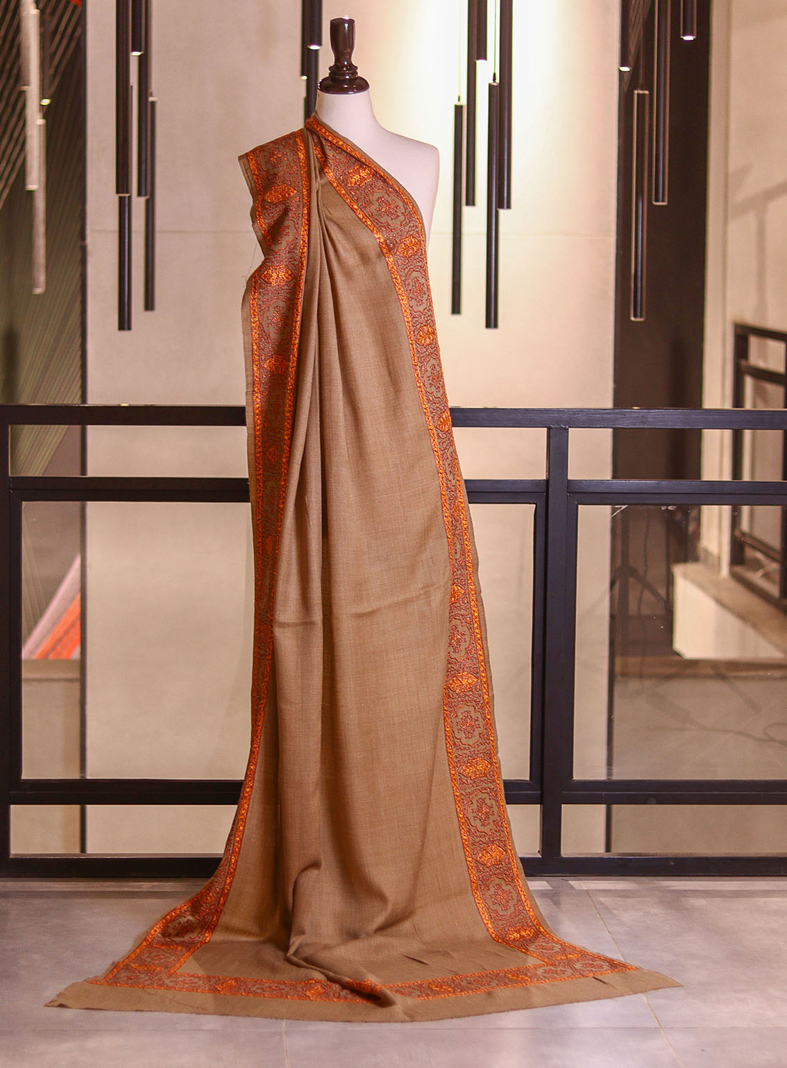 Royal Fashion Embroidered Woolen Shawls - RF25SH I625-4XB01 Light Brown