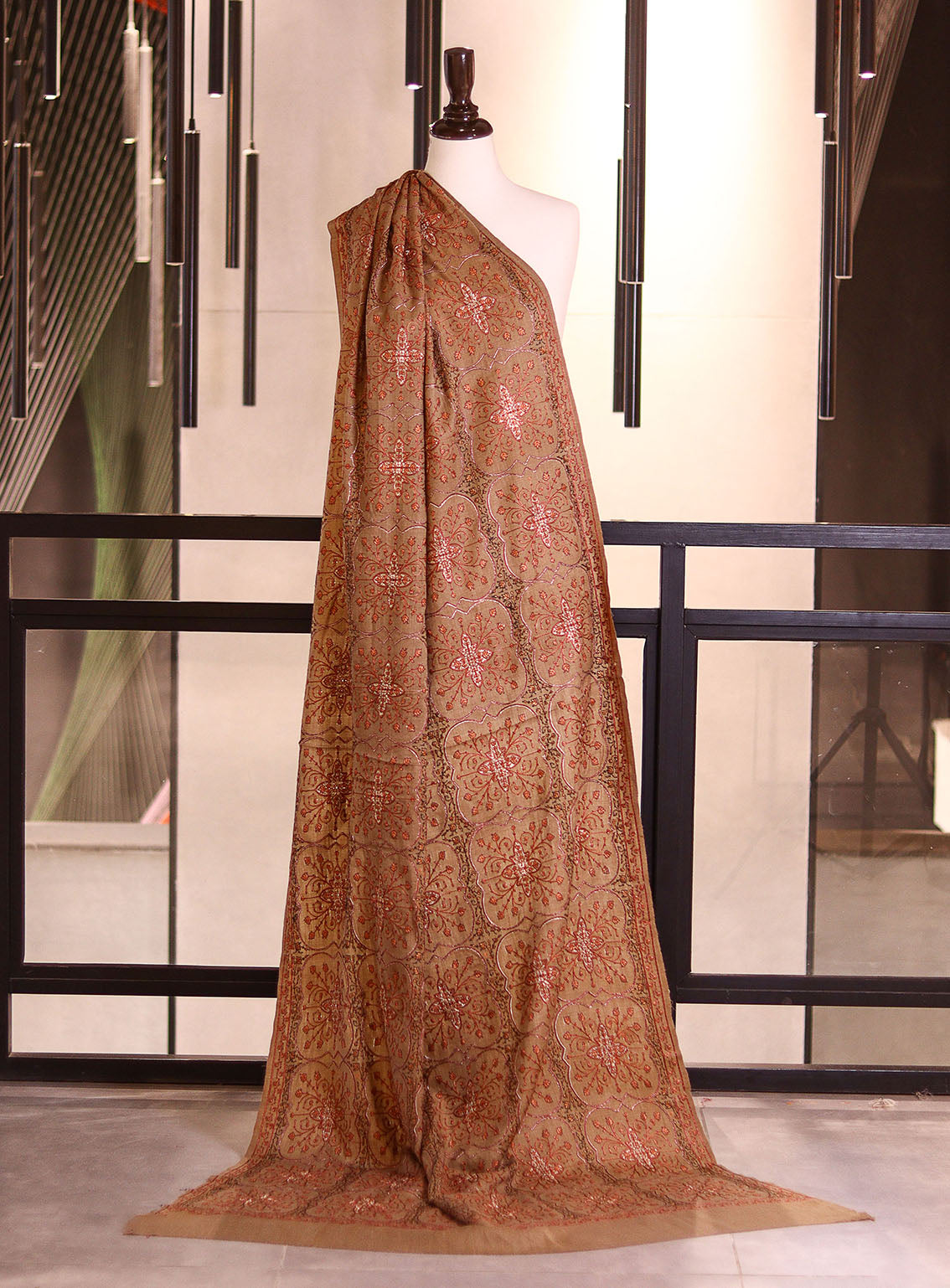 Royal Fashion Embroidered Woolen Shawls - RF25SH I625-XJ03 Dark Fawn