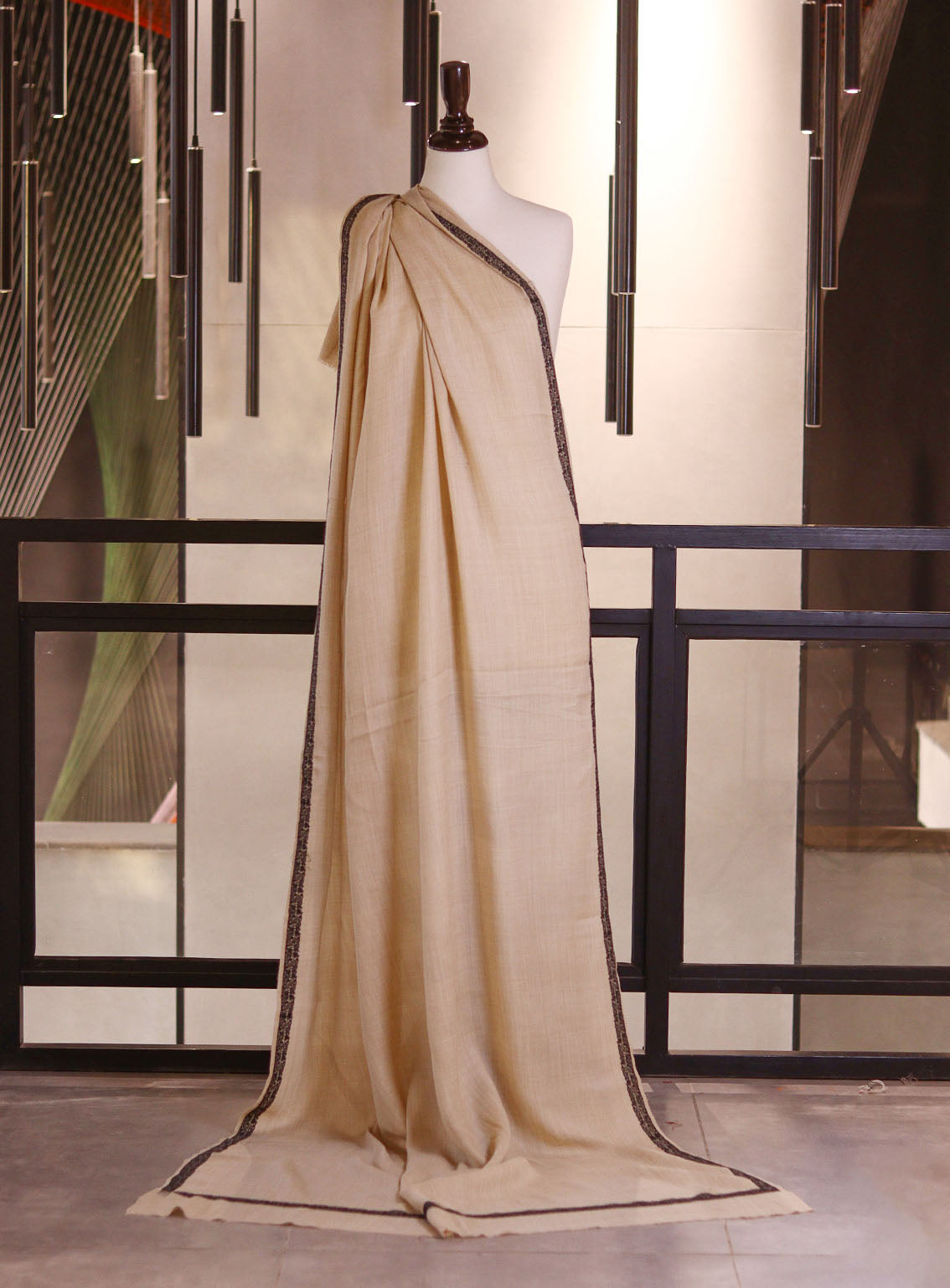 Royal Fashion Embroidered Woolen Shawls - RF25SH W623-BH01 Light Fawn & Black