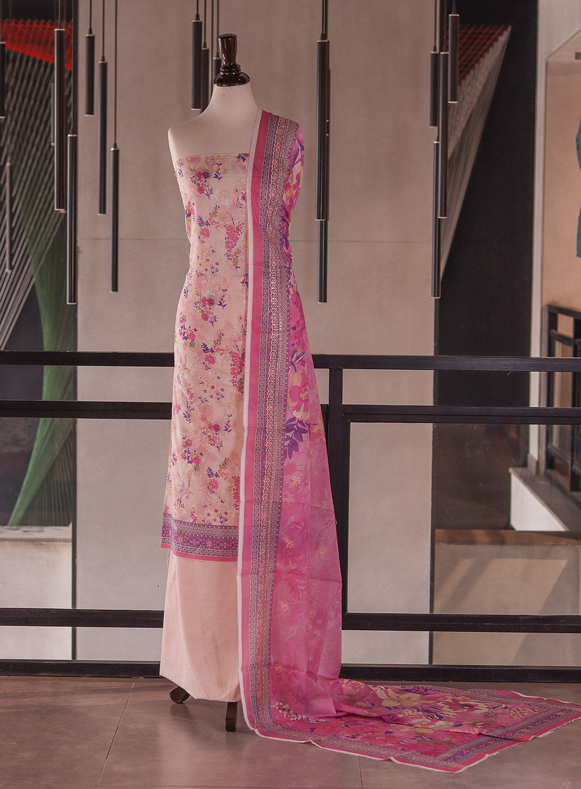 Royal Fashion Embroidered Cambric 3 Piece Unstitched Suit RF26EU D-DE957 Cream & Pink