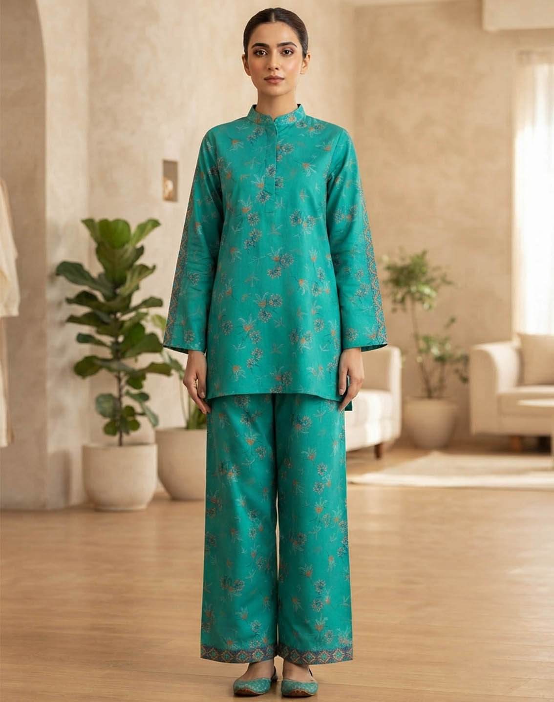 Saba Sumaiya Printed Lawn 2 Piece Stitched Shirt Trouser SSY26P D-TURQUOISE LEAVES