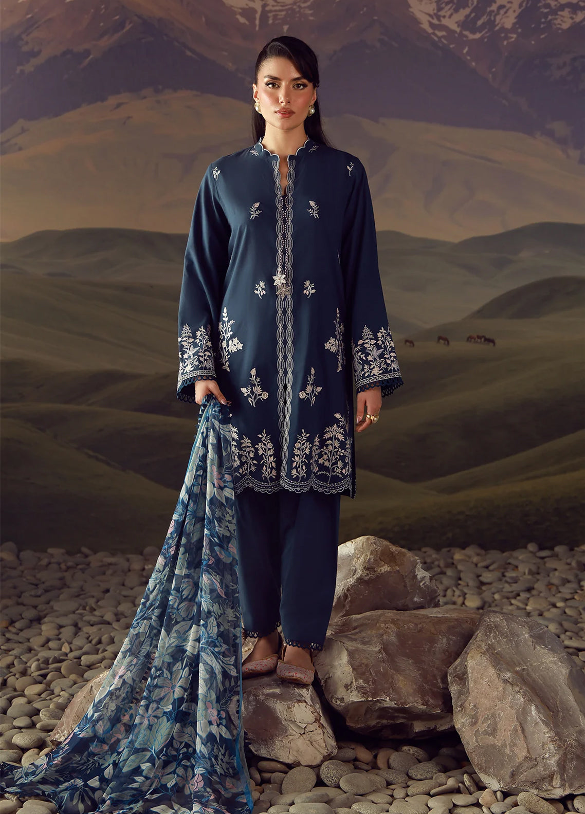 Sahar Festive Embroidered Lawn 3 Piece Unstitched Suit S26FEV2 D-06 INDIGO VERSE