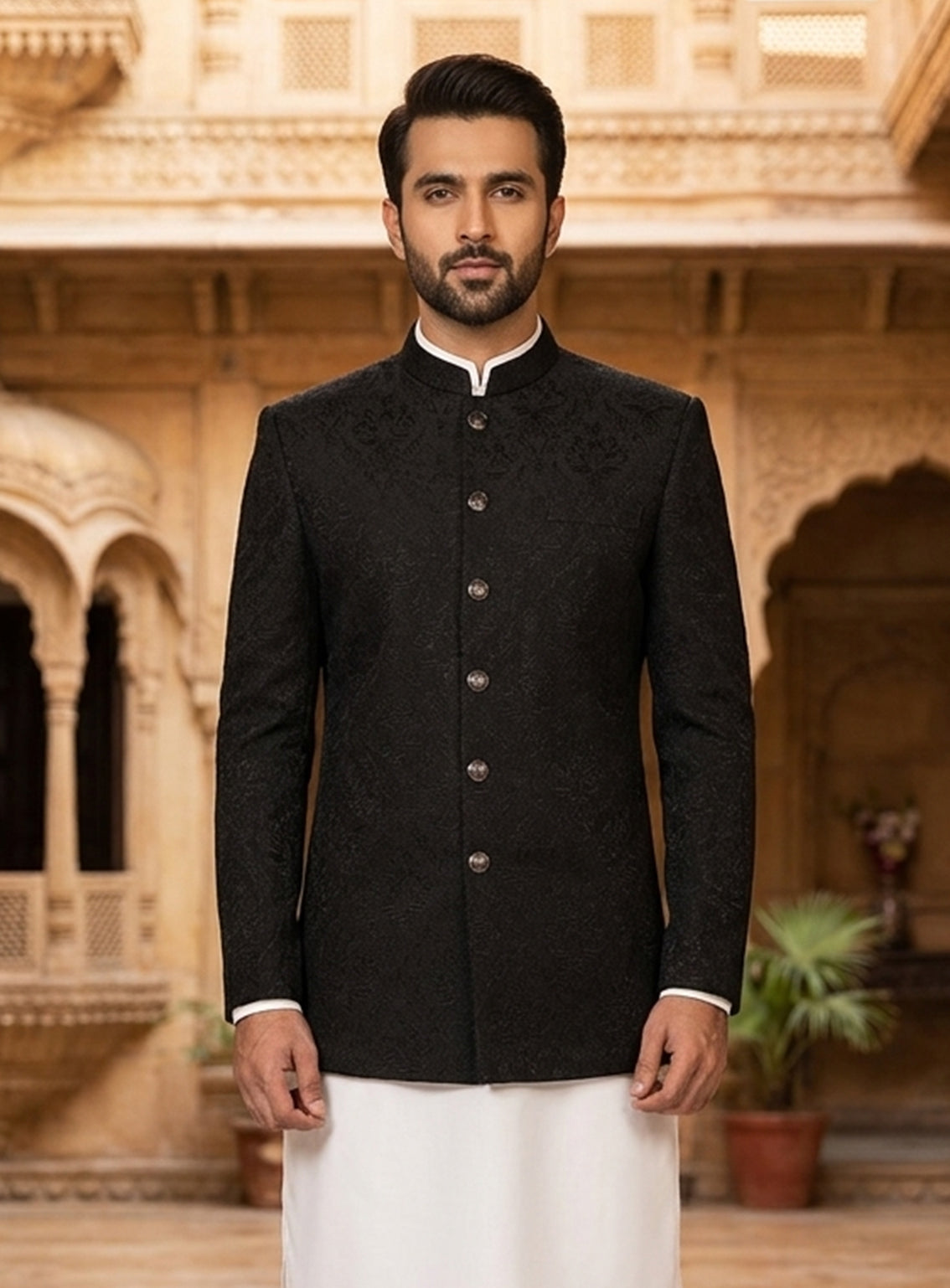 Sami Saeed Embroidered Raw Silk Prince Coat SS26PC D-1569-BK