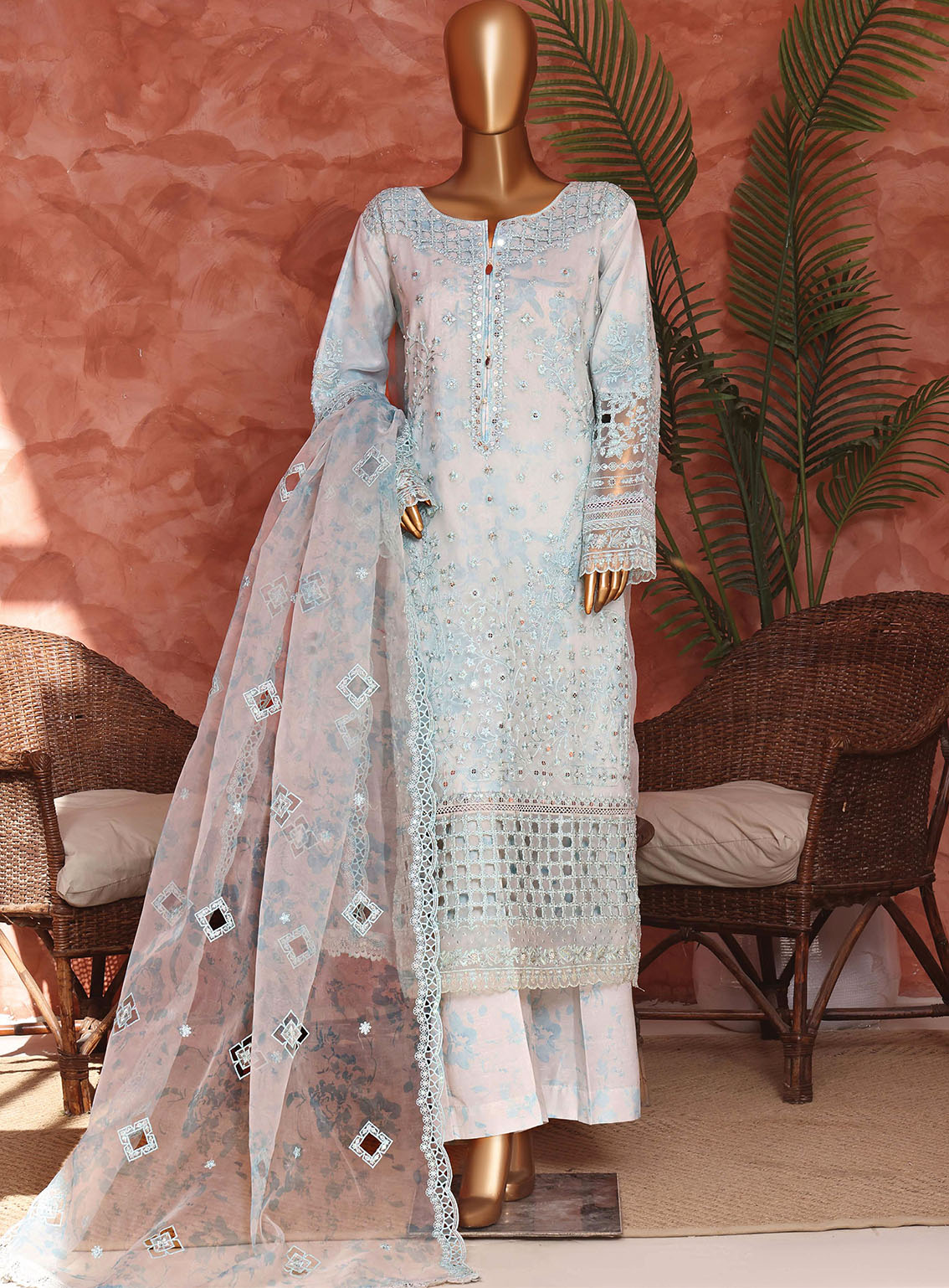 Shaahkaar By HZ Textiles Formal Embroidered Organza 3 Piece Stitched Suit HZ26SFE D-240-BLU