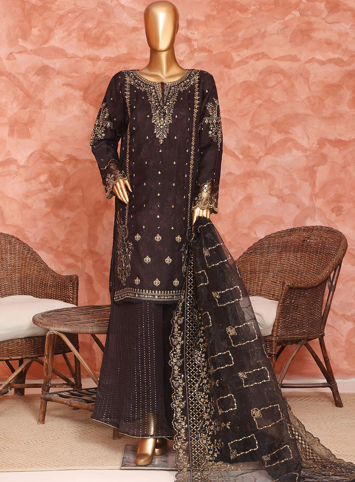 Shaahkaar By HZ Textiles Formal Embroidered Organza 3 Piece Stitched Suit HZ26SFE D-242-BLK