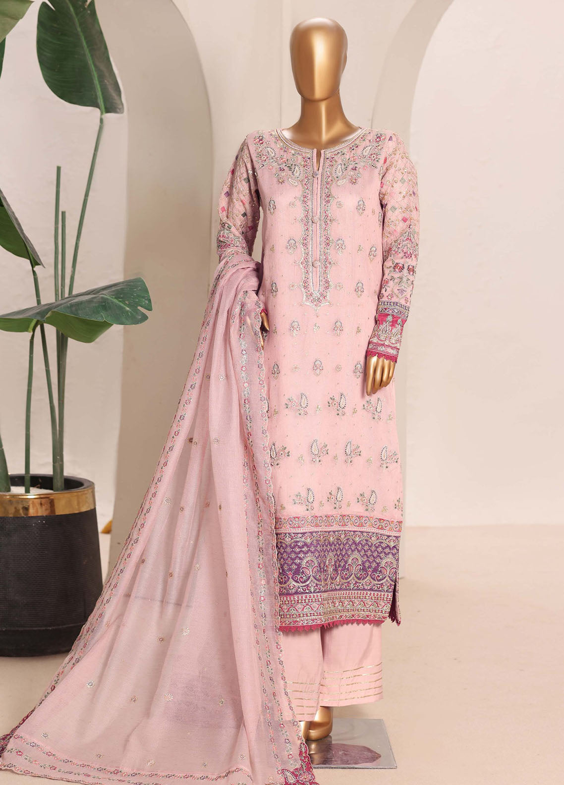 Sheer By HZ Textile Embrodered Lorex Khaadi Net 3 Piece Stitched Suit HZ26PD1 D-232-TPK